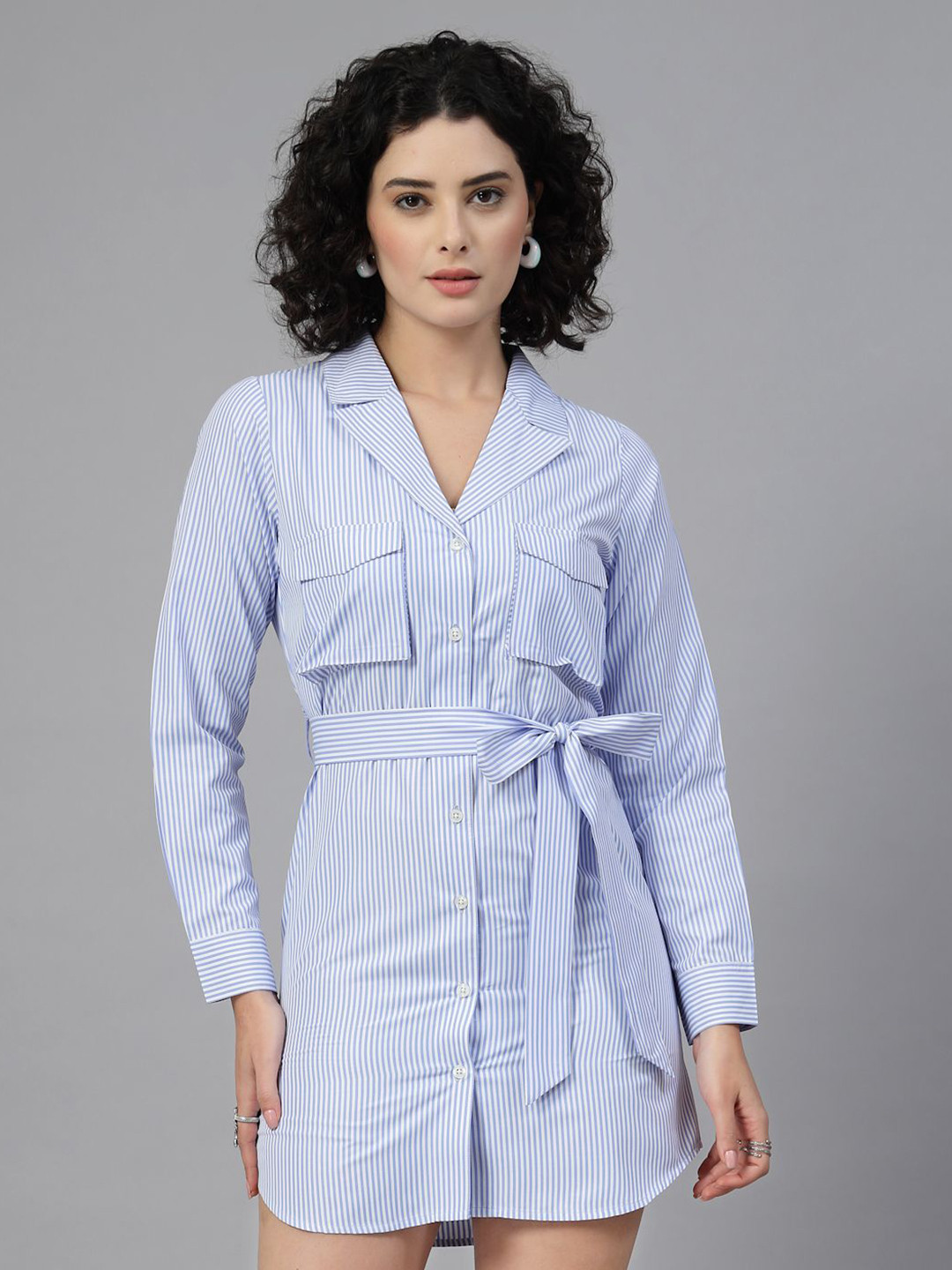 JEFF COOPER Women Striped Shirt Cuffed Sleeves Mini Dress