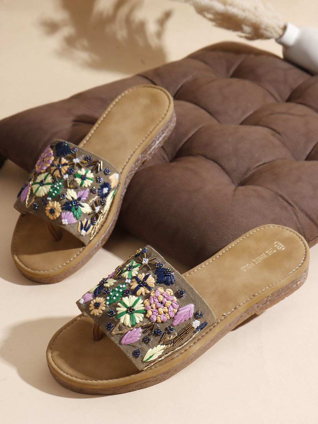 THE WHITE POLE Women Elegant Embroidered Open Toe Flats with Western - Embellished