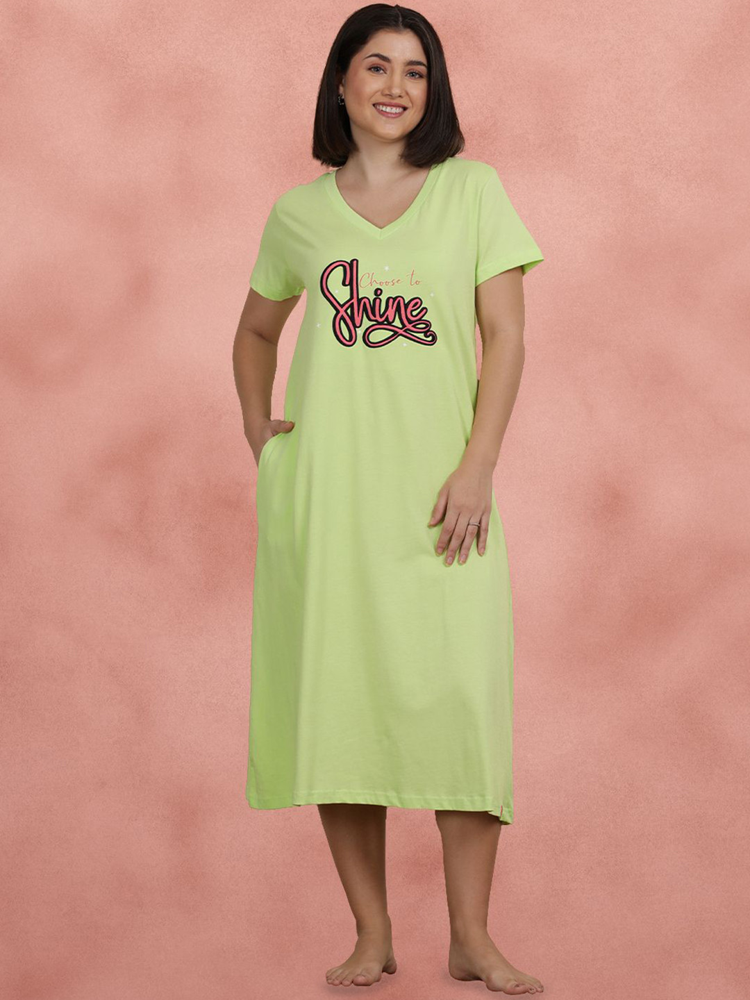 shyaway Typography Printed V-Neck Short Sleeves Pure Cotton Midi Night Dress