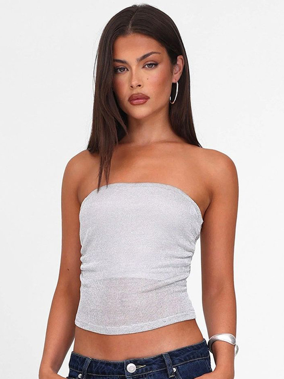 LULU & SKY Silver Strapless Crop Tube Top