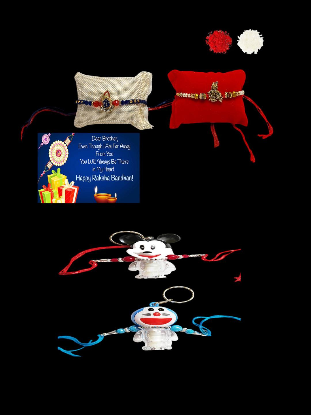 2 Krishna n 2 Cartoon Light rakhi Metal Rakhi  Greeting card n Roli