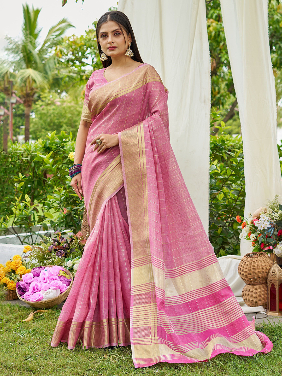 all about you Checked Woven Design Zari Tissue Saree