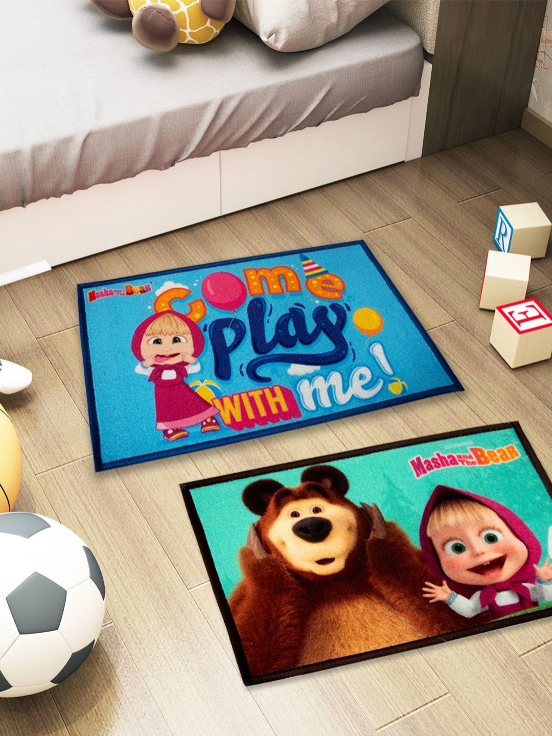 Athom Living 2-Pcs Blue & Green Masha & Bear Printed Anti-Skid Doormat
