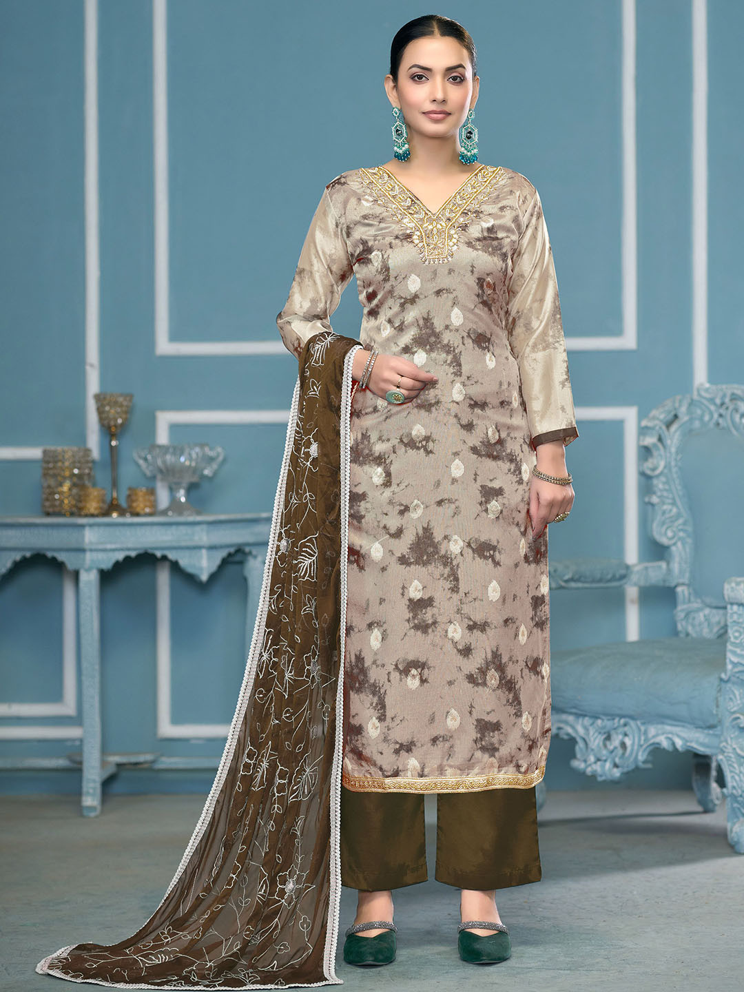 HERE&NOW Floral Printed Bedas & Stones Silk Chiffon Unstitched Dress Material