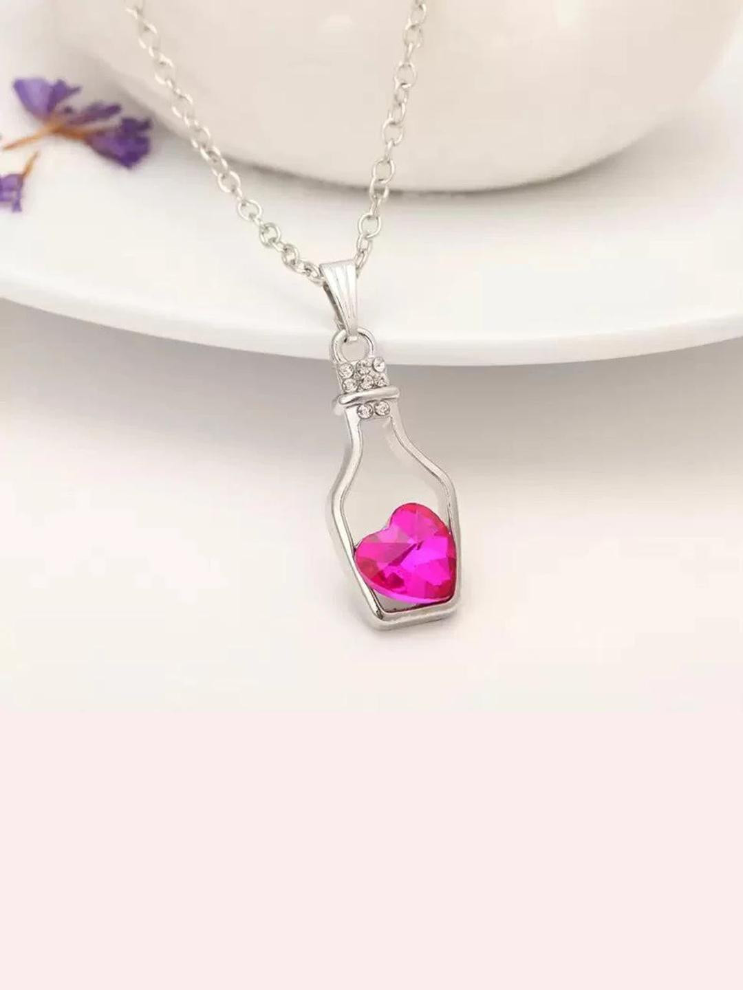 shobhram Rhodium Plated Crystal Heart Bottle Pendant & Chain