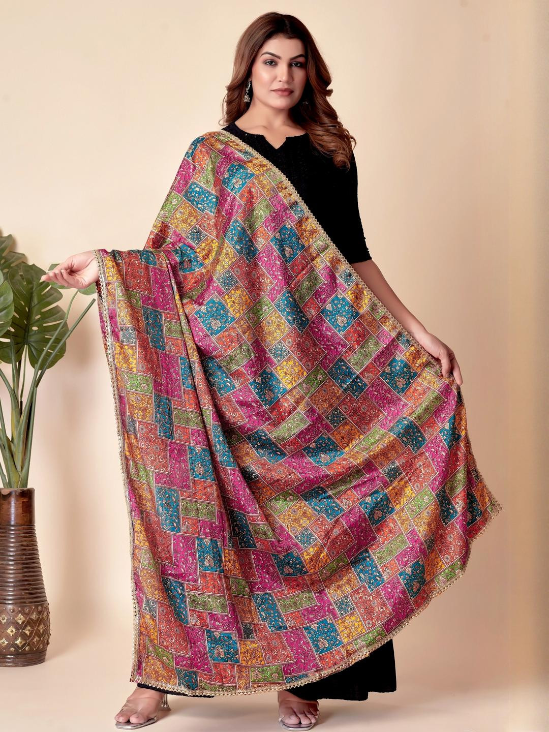 EBADAT Printed Orange Chiffon Dupatta