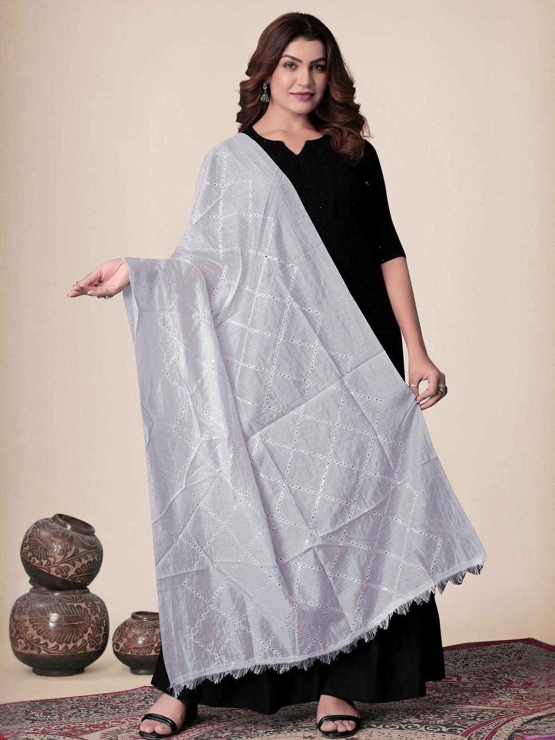EBADAT Embroidered Grey Cotton Dupatta