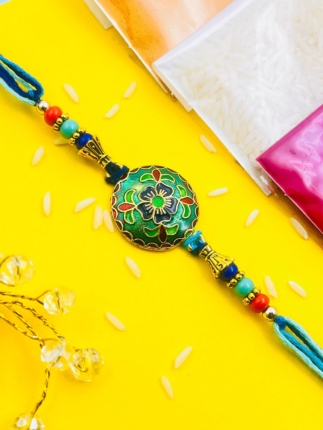 TANAIRA Beaded Thread Rakhi Comes With Roli Chawal Tilak Set