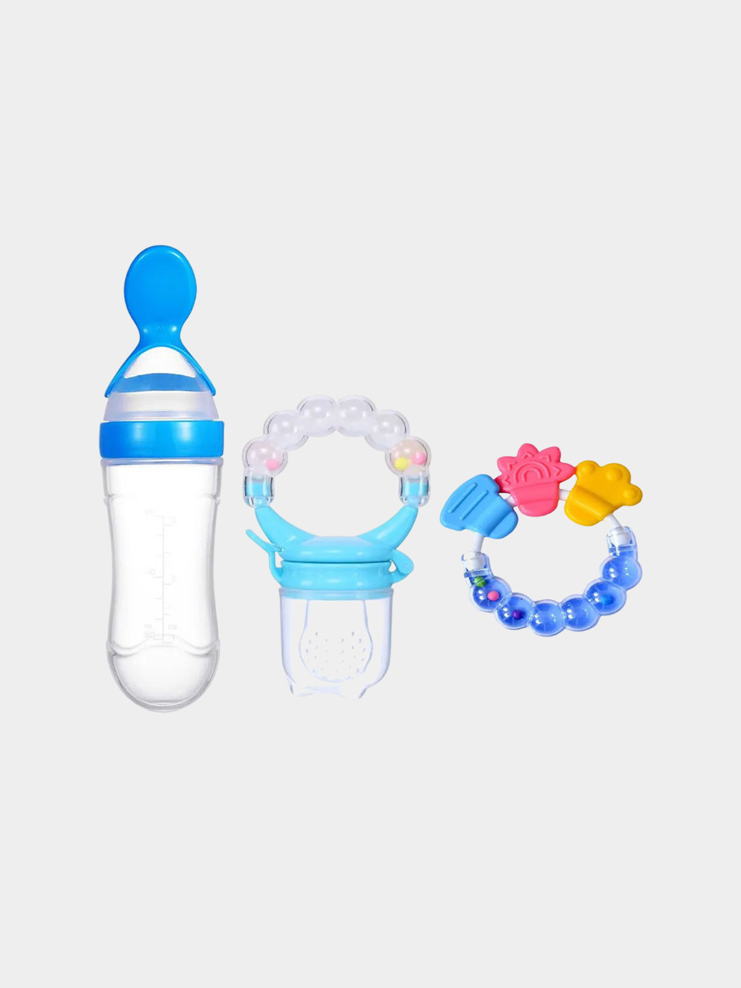 Kritiu Set Of 3 Food Feeder, Rattle Teether & Fruit & Food Nibbler - Blue