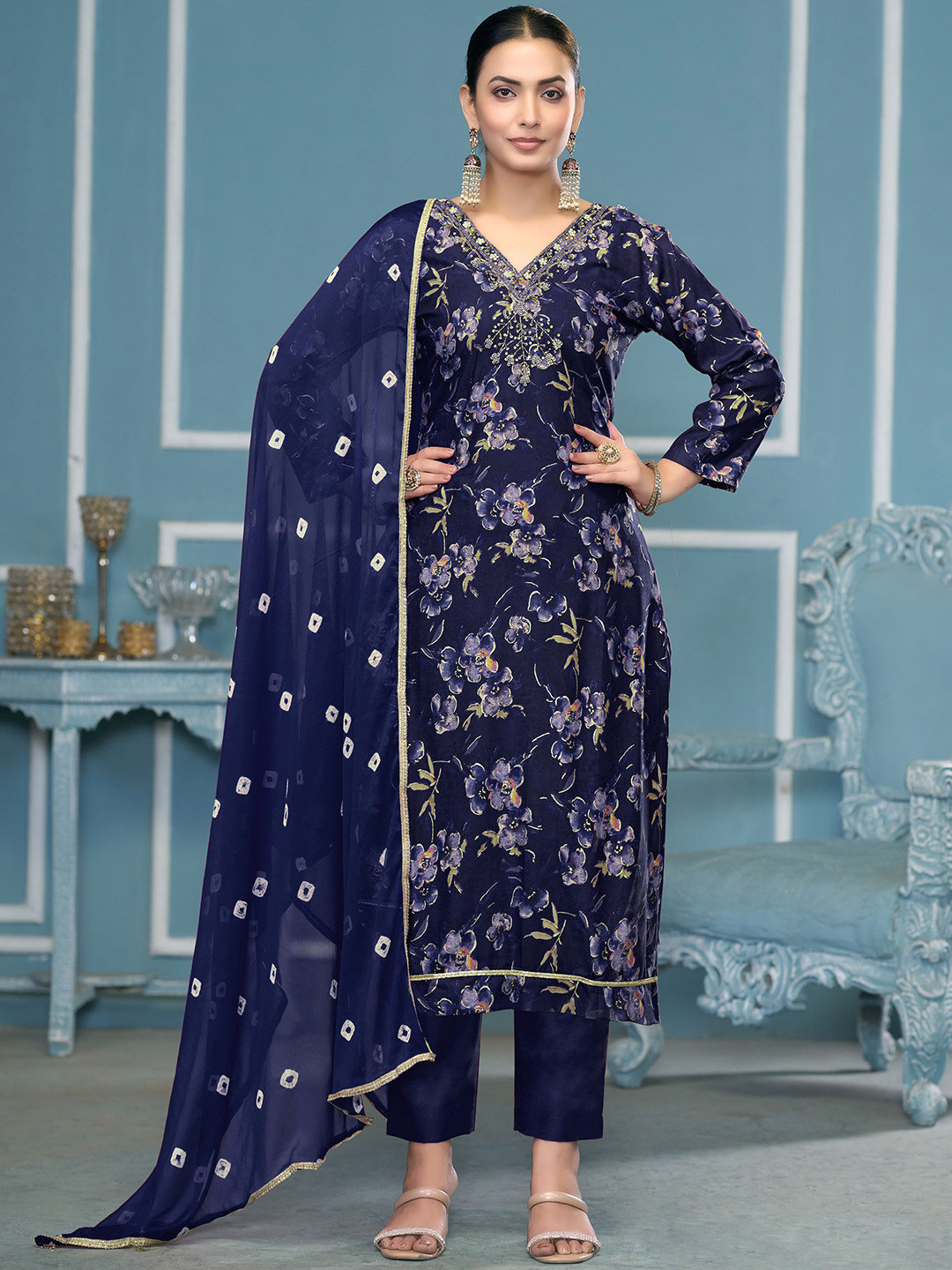 HERE&NOW Floral Printed Bedas & Stones Unstitched Dress Material