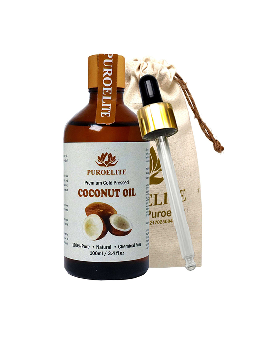 Puroelite Premium Cold Pressed Coconut Oil With Dropper For Face, Hair & Body - 100 ml
