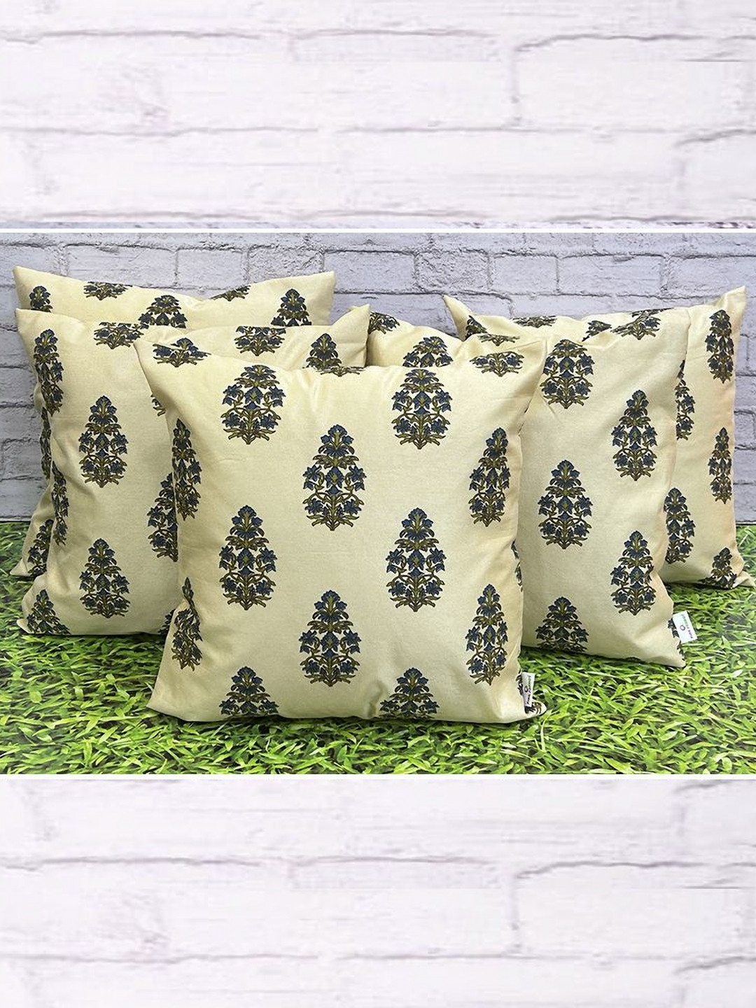 Pink Parrot Cream-Coloured & Green 5 Pieces Printed Jacquard Silk Square Cushion Covers