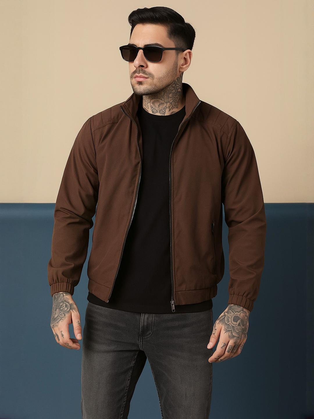 VOXATI Men Brown Polyester Jacket