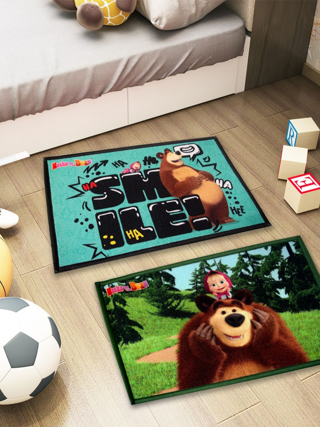 Athom Living 2-Pcs Black & Green Masha & Bear Printed Anti-Skid Doormat