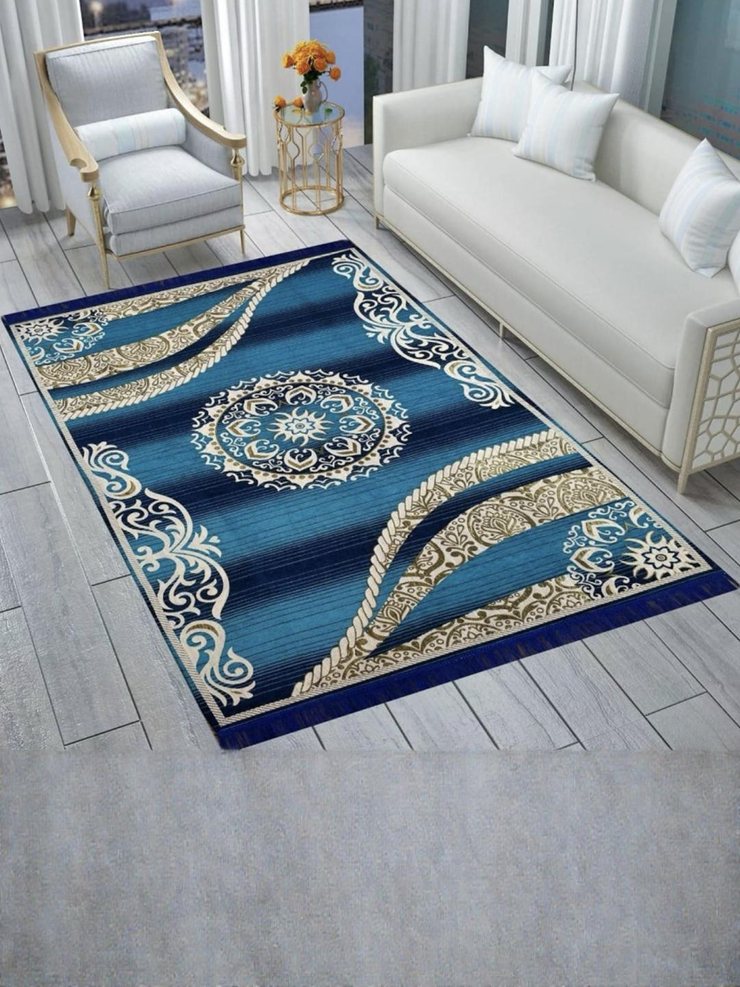 THE FRESH LIVERY Blue Ethnic Motifs Cotton Carpet