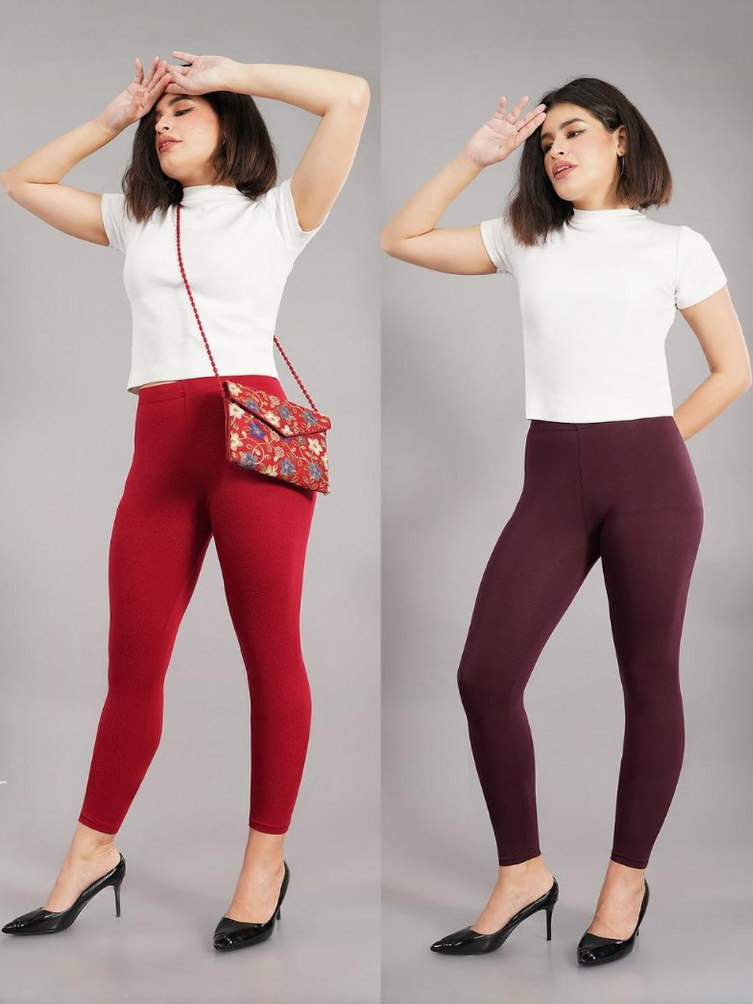 Shruthi Women Maroon & Wine Solid Ankle length Pack of 2 Leggings