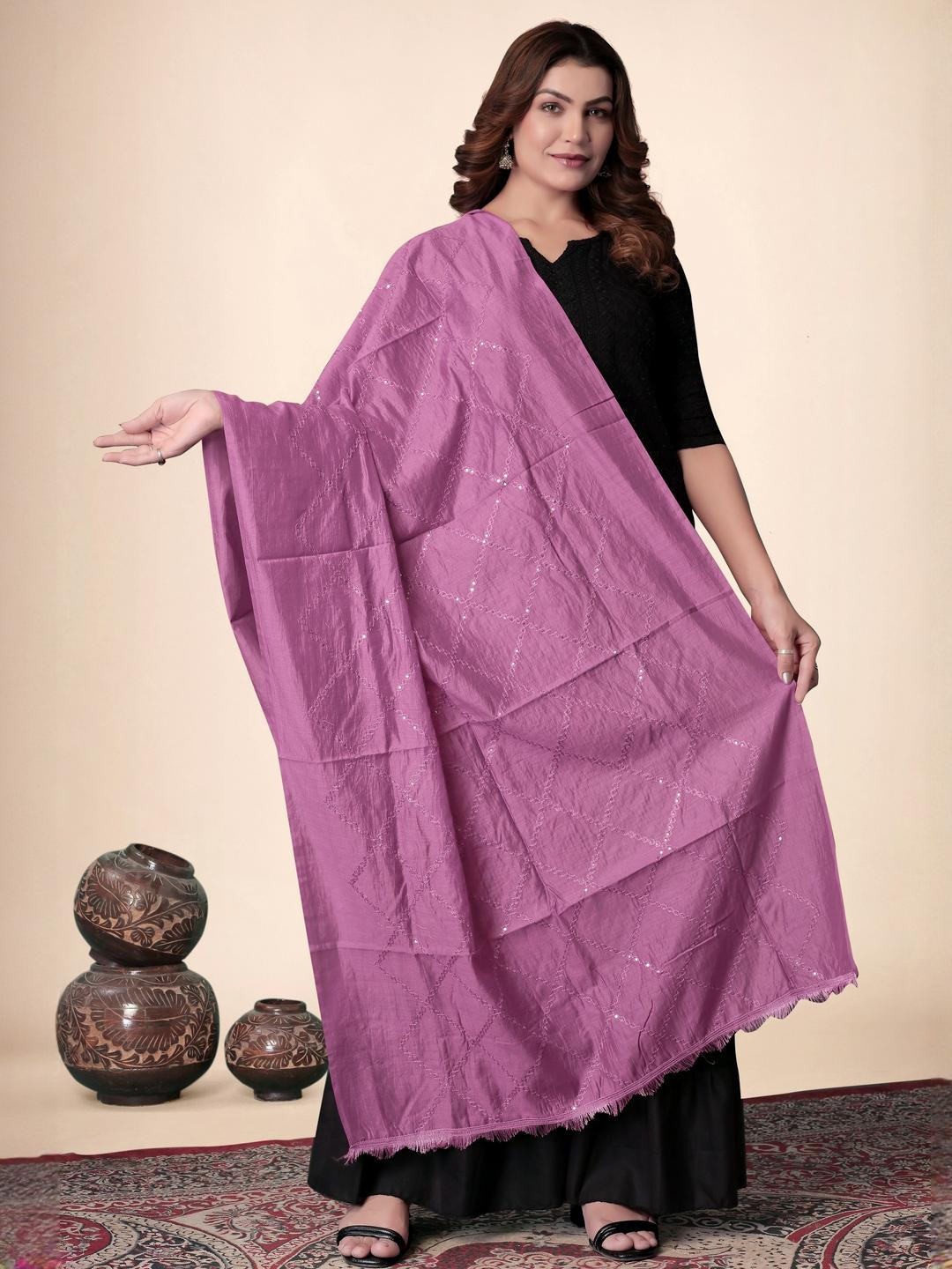 EBADAT Embroidered Peach Cotton Dupatta