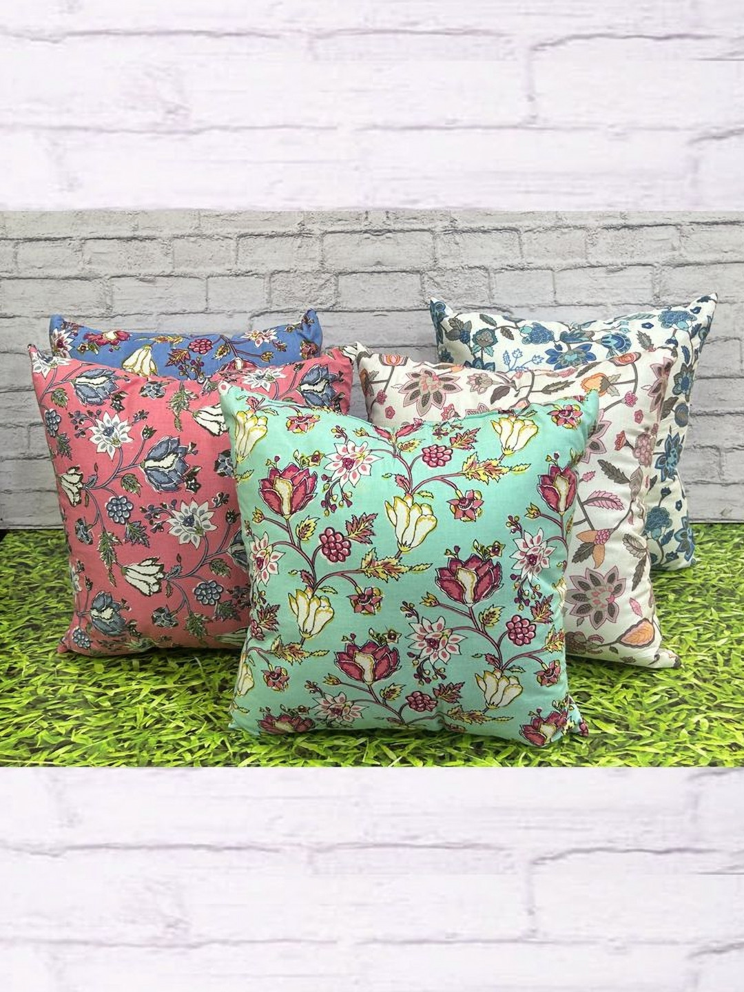 Pink Parrot Blue & Green 5 Pieces Printed Jacquard Silk Square Cushion Covers
