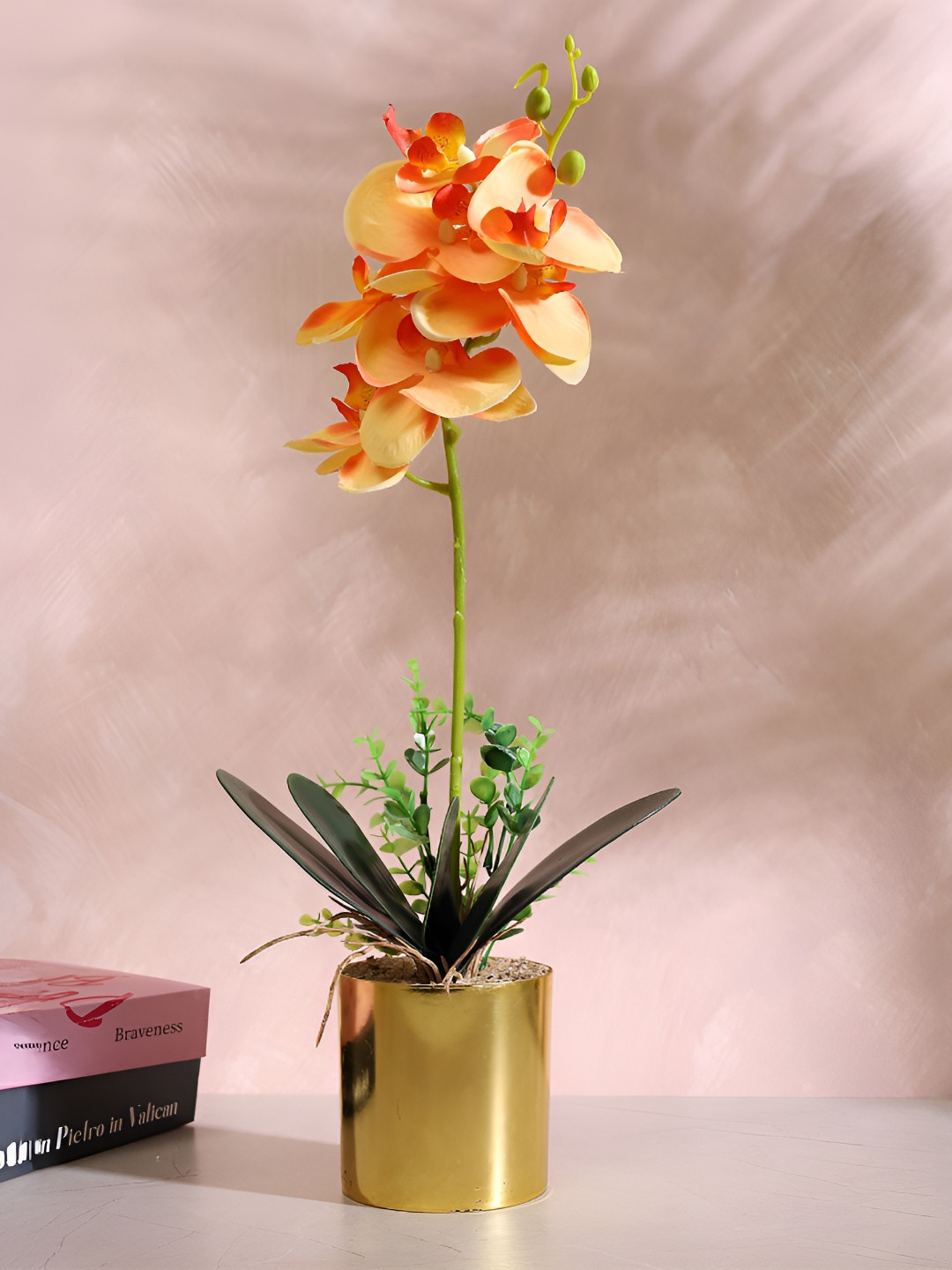 HOME 360 Orange & Green Orchid Artificial Plant With Pot