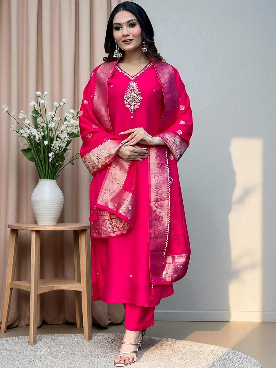 SHADOW & SAINING Embroidered V-Neck Sequinned Pure Cotton Kurta With Trousers & Dupatta