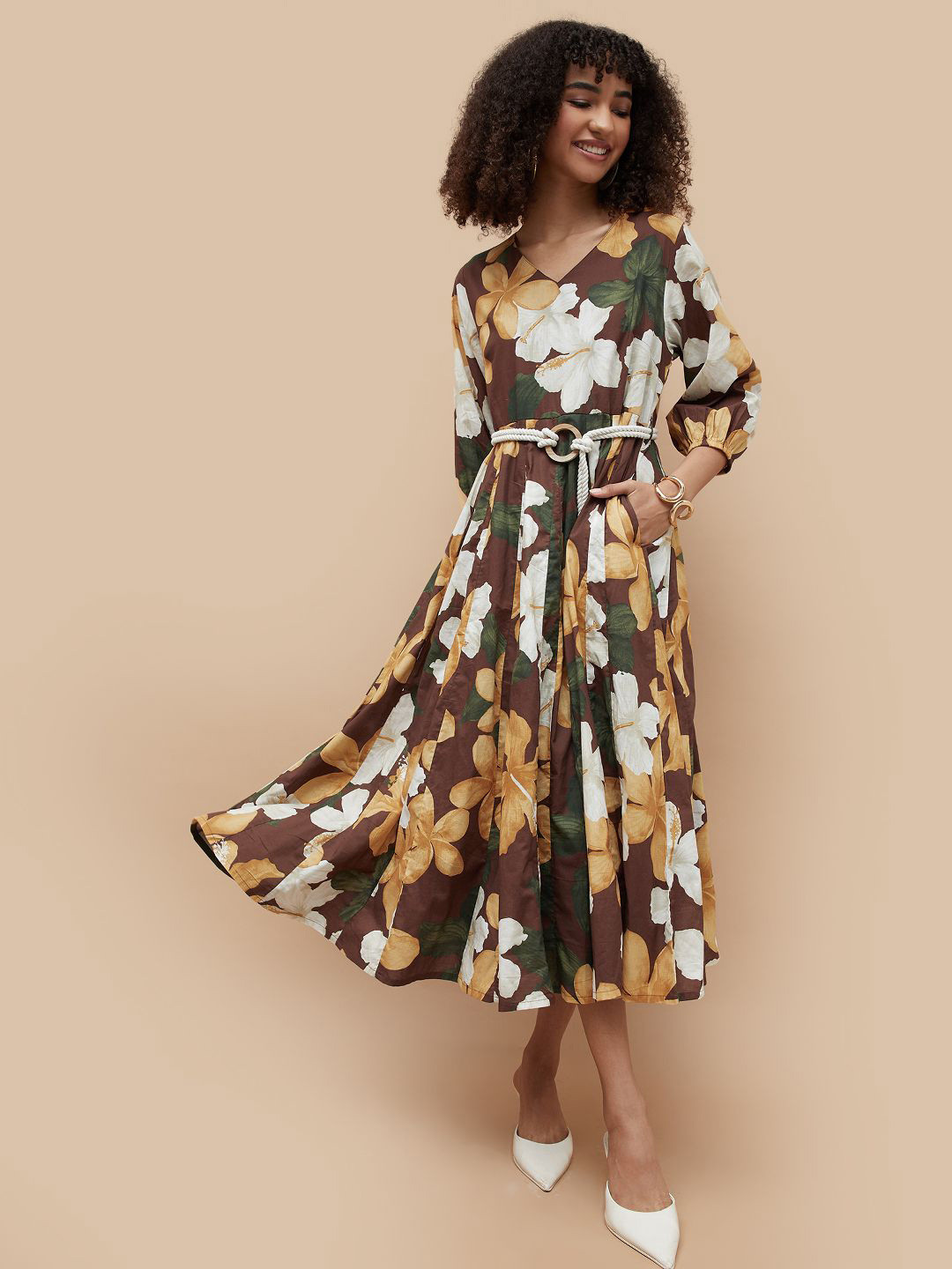 Colour Me by Melange V-Neck Bishop Sleeves Floral Printed Fit and Flare Midi Dress