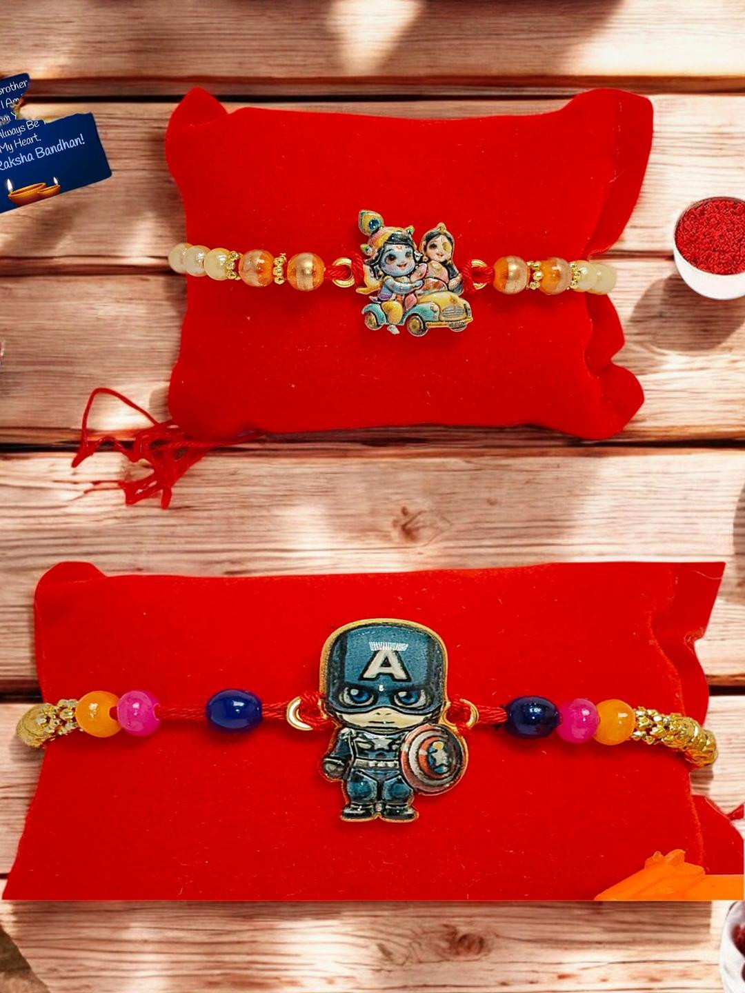 Captain America n Radha Krishna Metal Rakhi  Greeting card n Roli