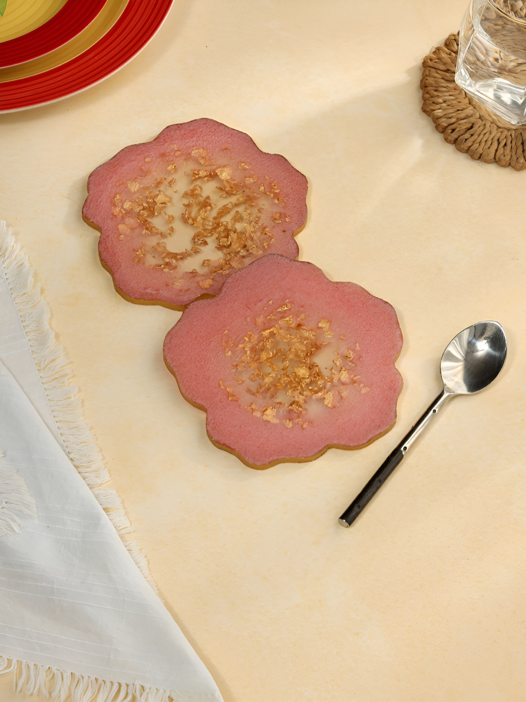 DULI 2Pcs Pink & Yellow Textured Flower Coasters