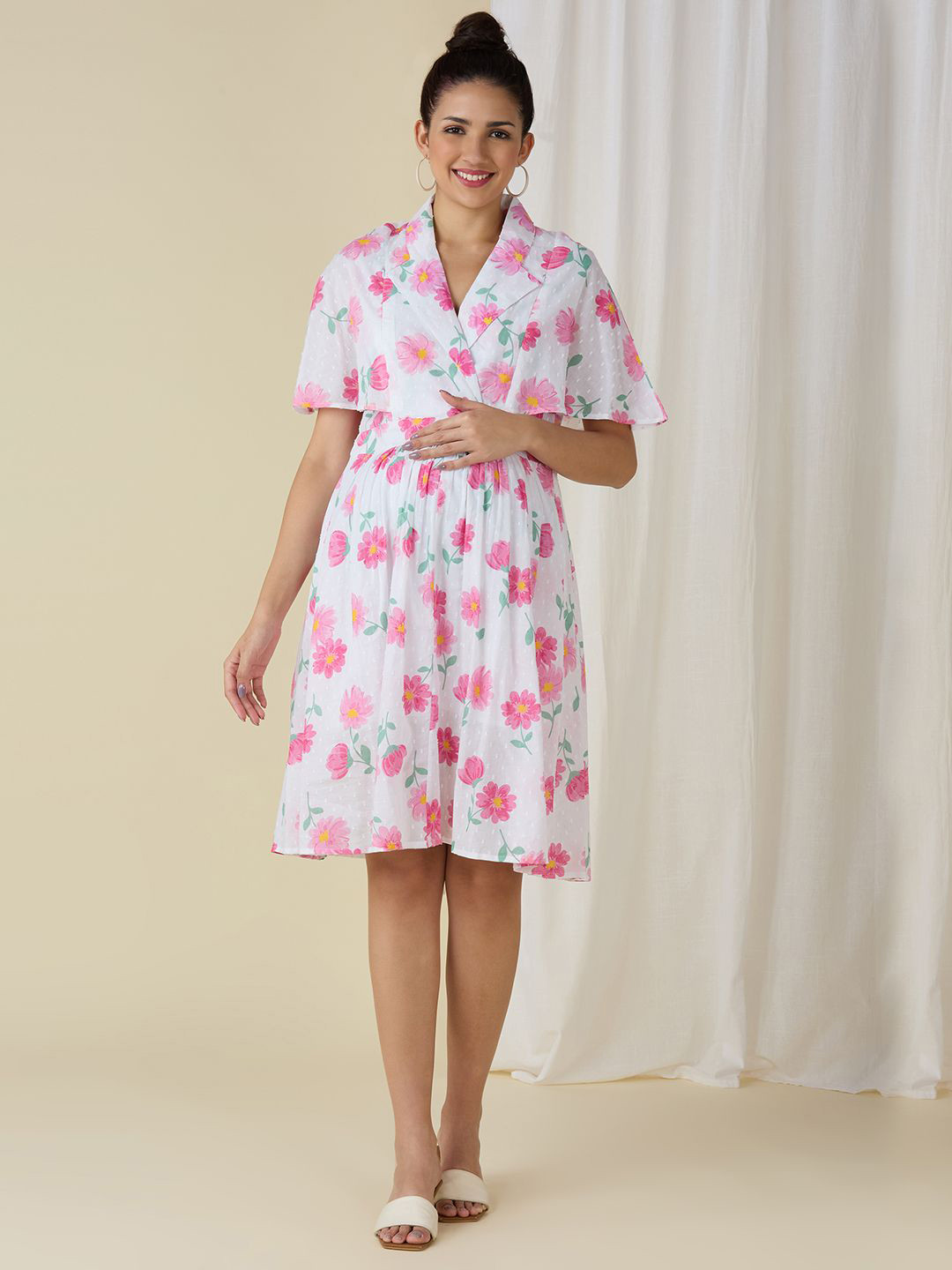 MeeMee Floral Print Shirt Coller Flared Sleeve Maternity Fit & Flare Dress