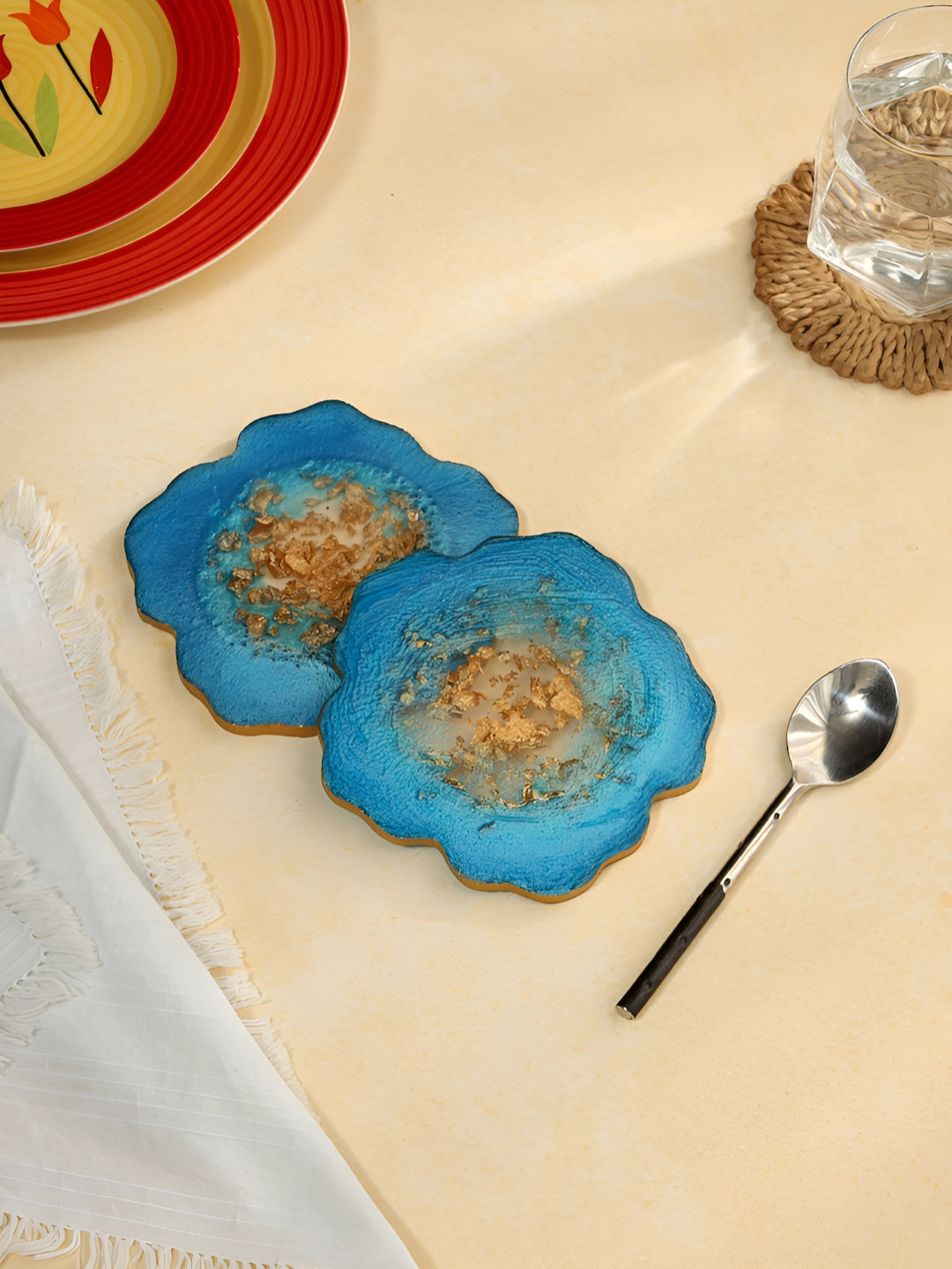 DULI 2Pcs Blue & Yellow Textured Flower Coasters