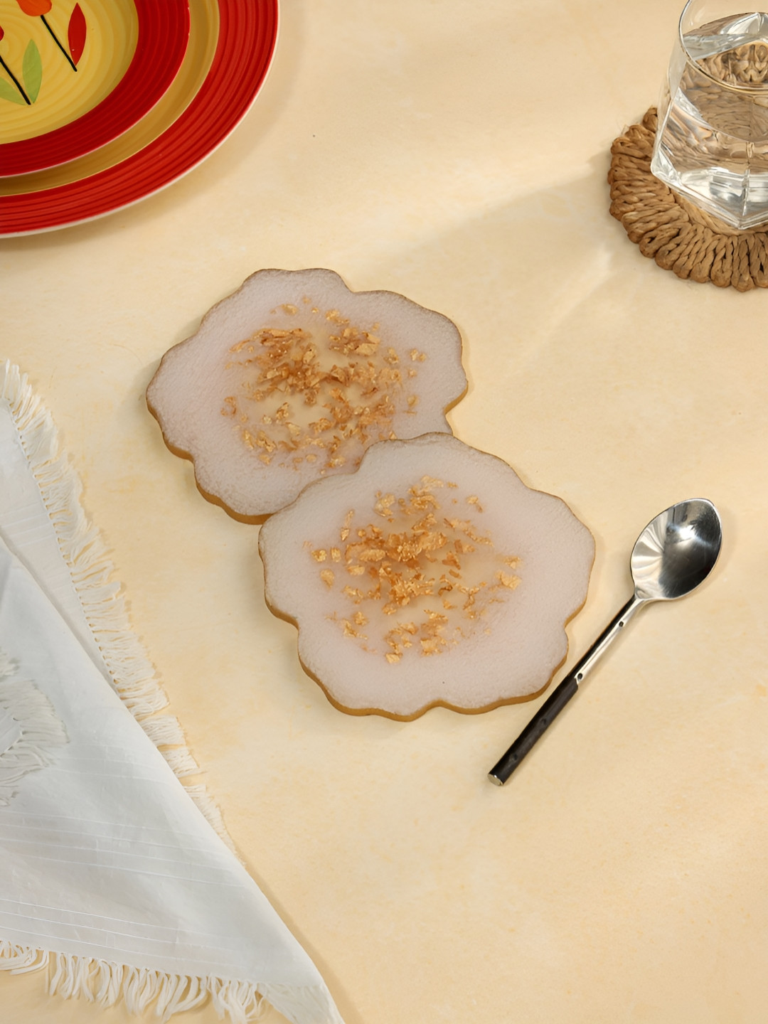 DULI 2Pcs Cream-Colored & Yellow Textured Flower Coasters