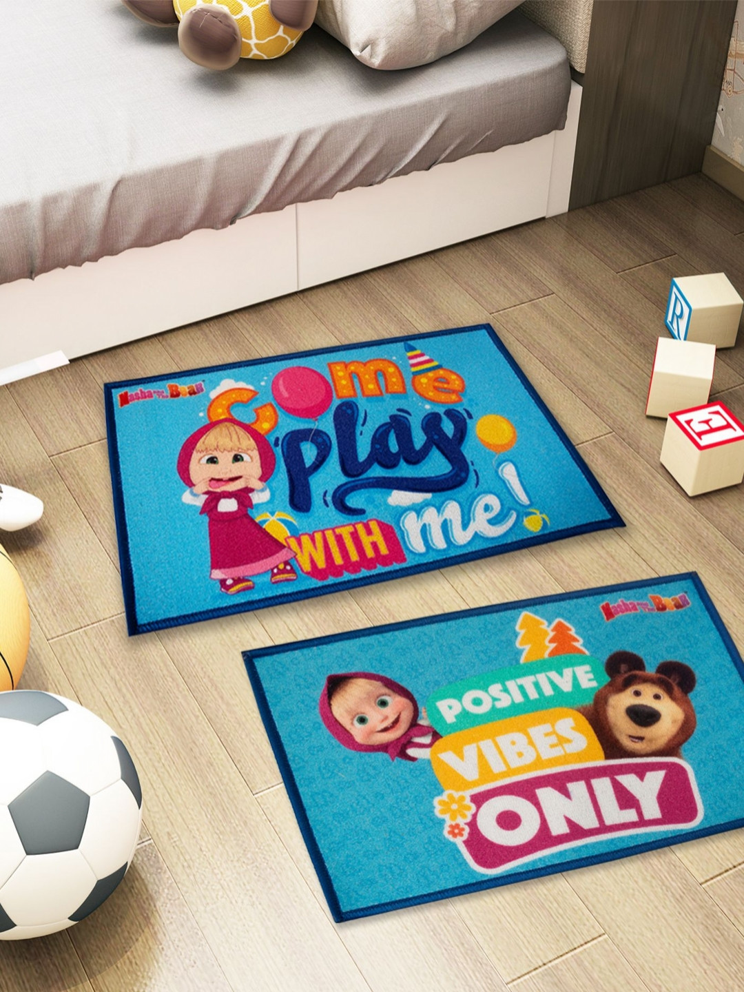 Athom Living Kids Pack of 2 Turquoise Blue & Pink Printed Anti-Skid Doormats