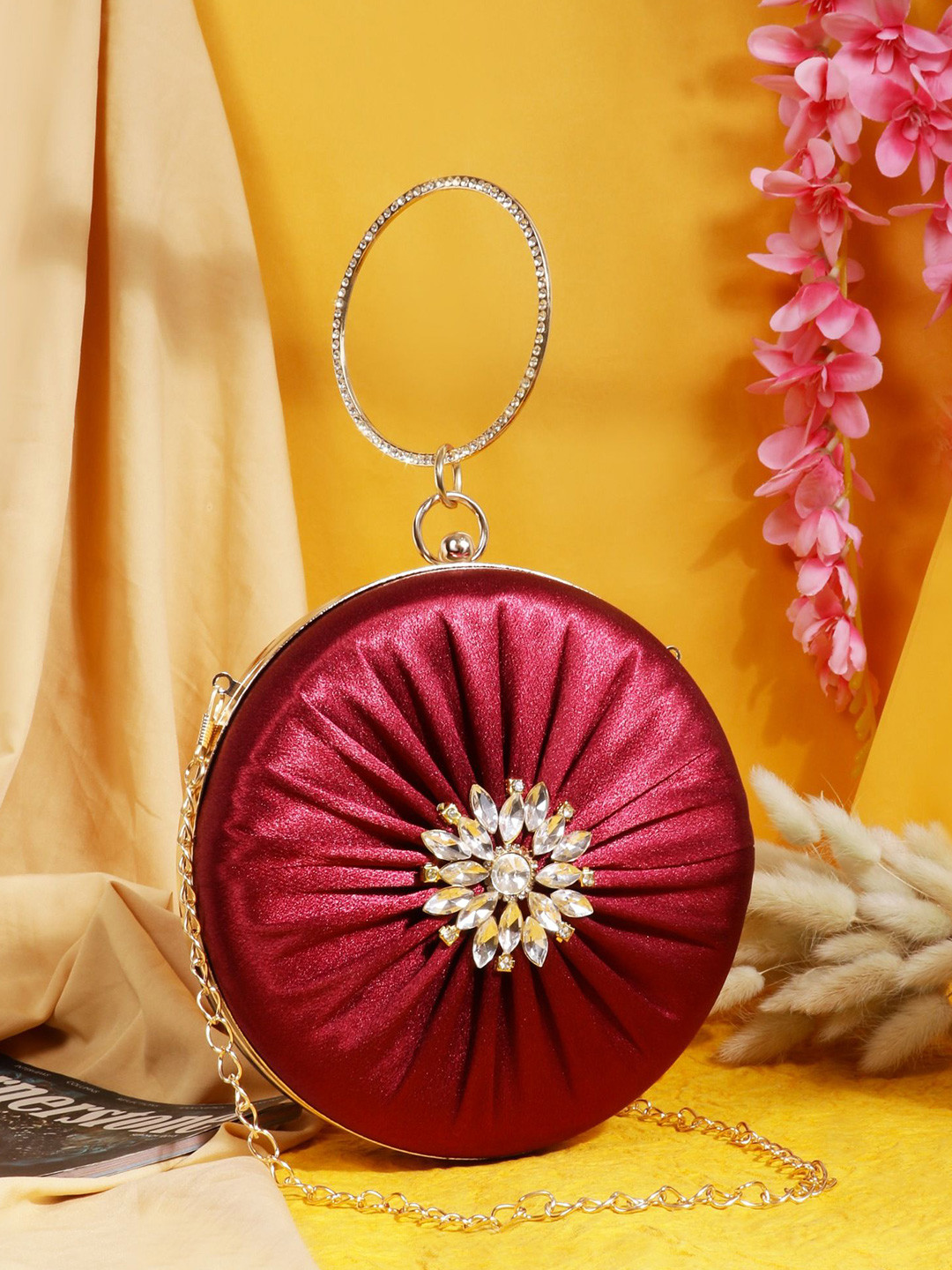 MISHA Crystal Bloom Textured Embellished Round Box Clutch