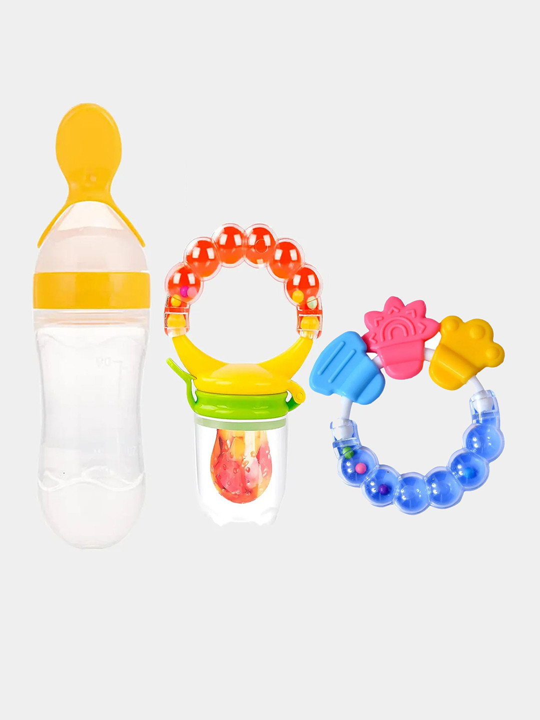 Kritiu Kids Set Of 3 Food Feeder & Rattle Teether & Fruit & Food Nibble - Yellow