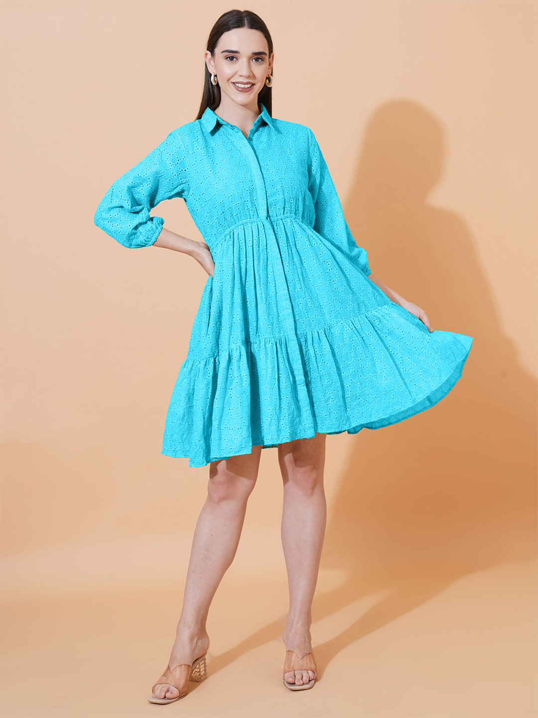 ARV TRENDS Women Self Design Shirt Collar Puff Sleeves Fit & Flare Dress