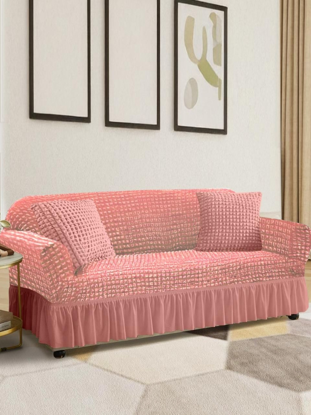 Aura Pink 2 Seater Self Design Sofa Covers