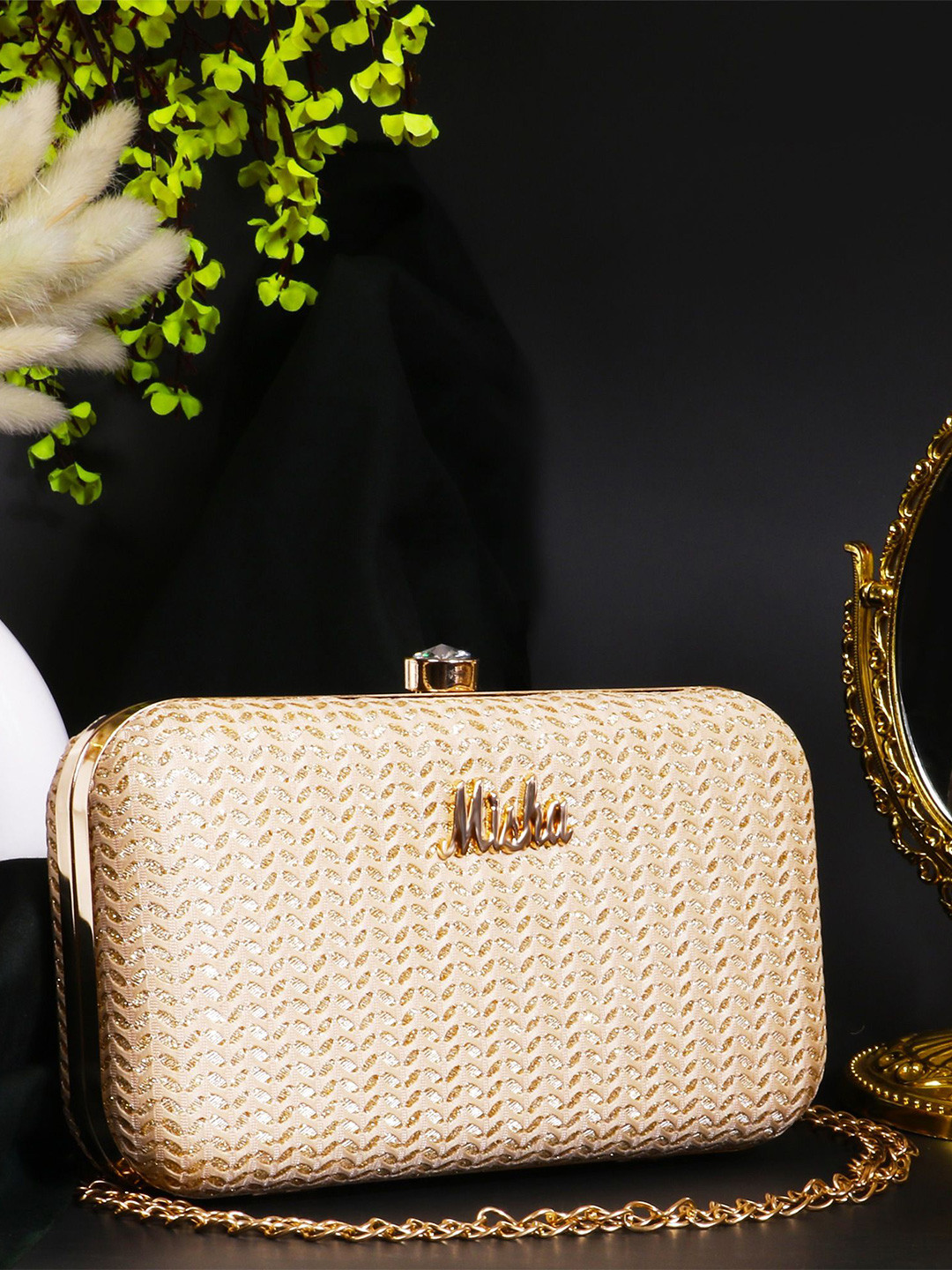 MISHA Noir Chevron Textured Embellished Box Clutch