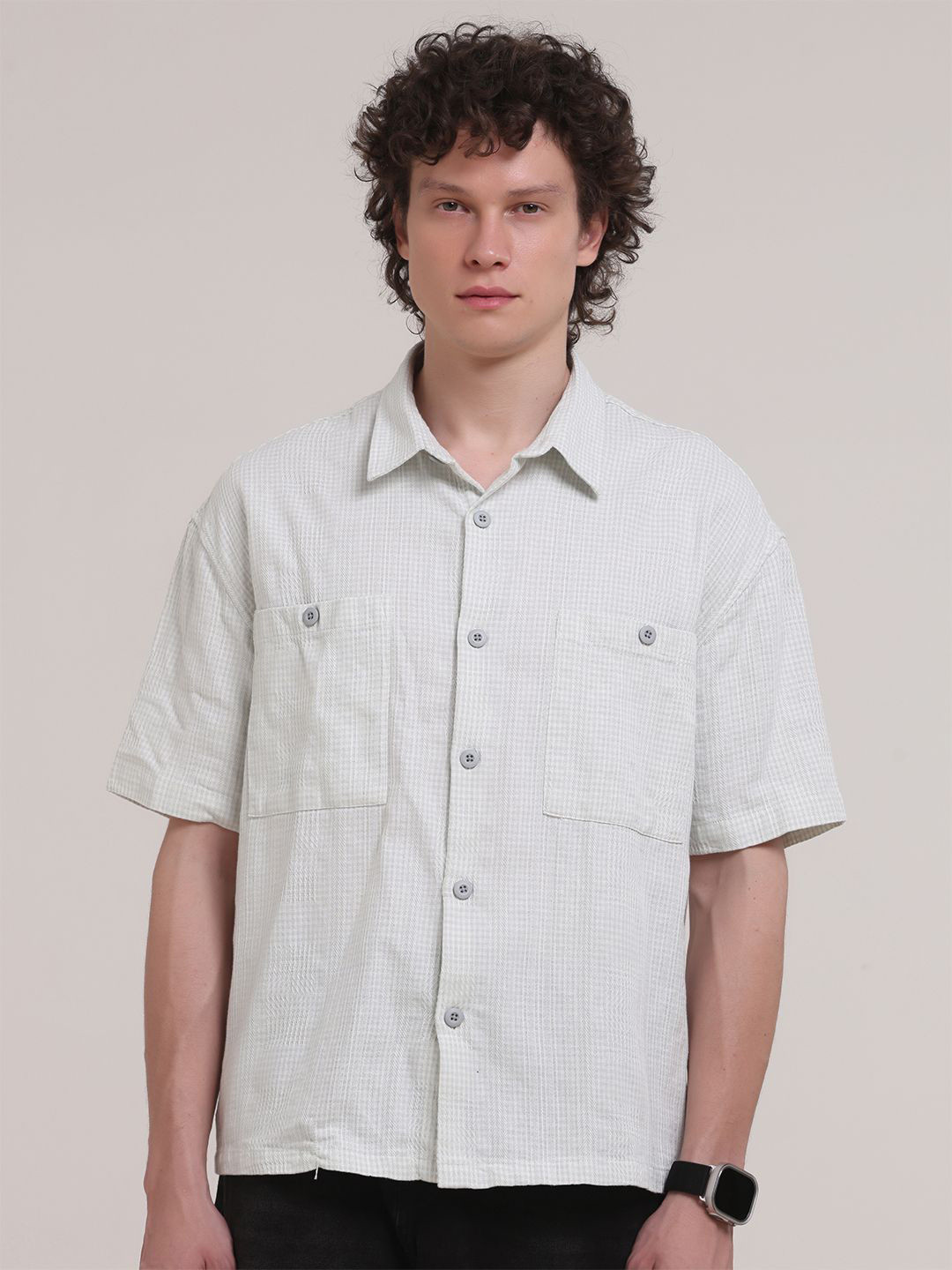 Espanshe Men Oversized Fit Micro Checked Spread Collar Pure Cotton Casual Shirt