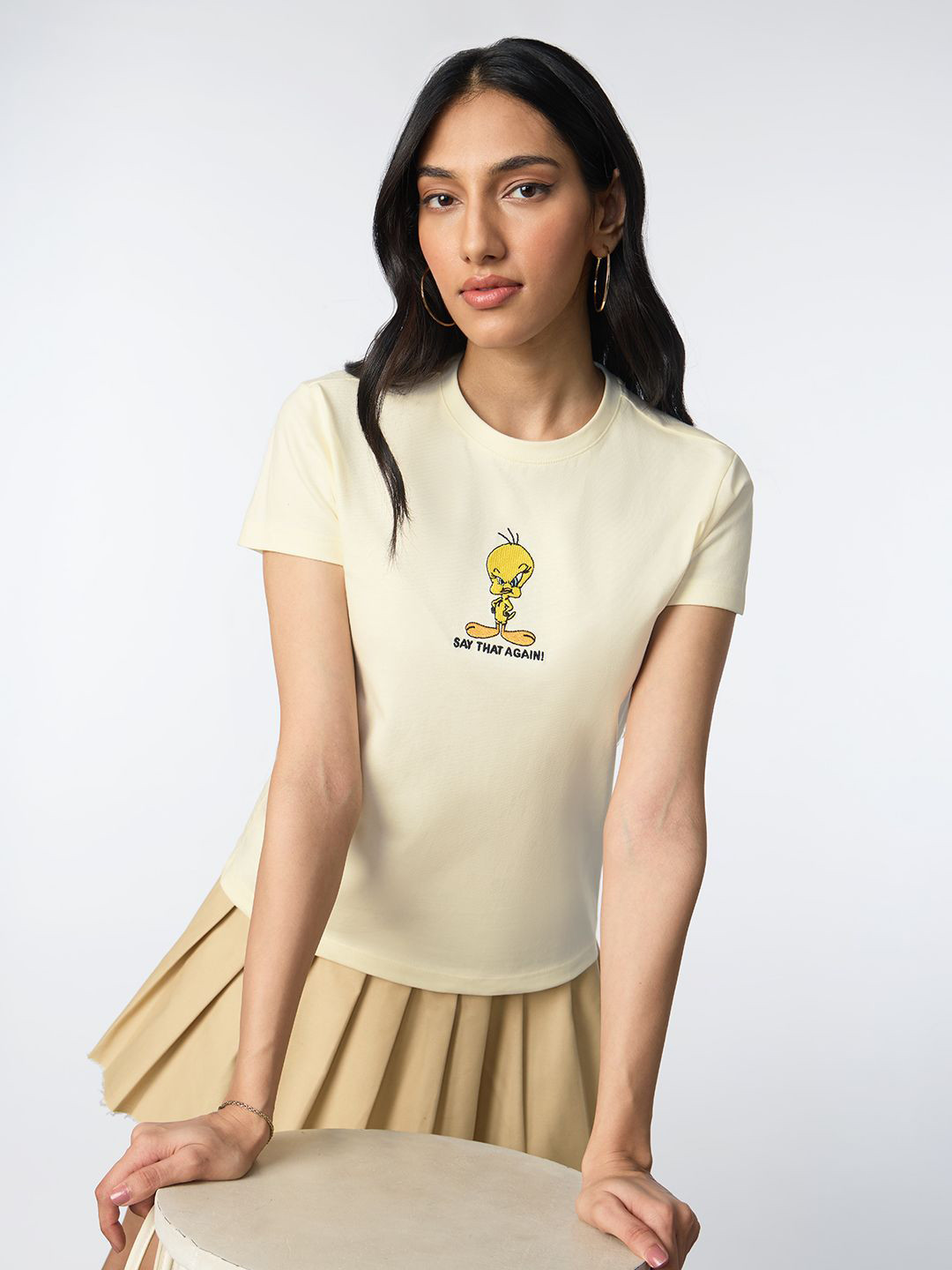 The Souled Store Women Tweety Graphic Printed Round Neck Pure Cotton T-shirt
