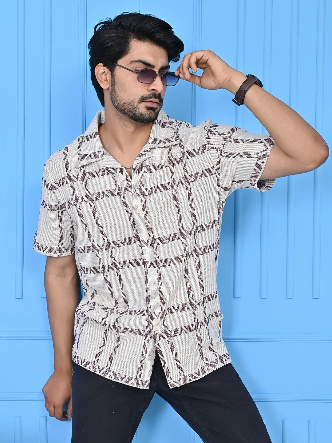 ARBOUR Checked Spread Collar Short Sleeves Khadi Casual Shirt