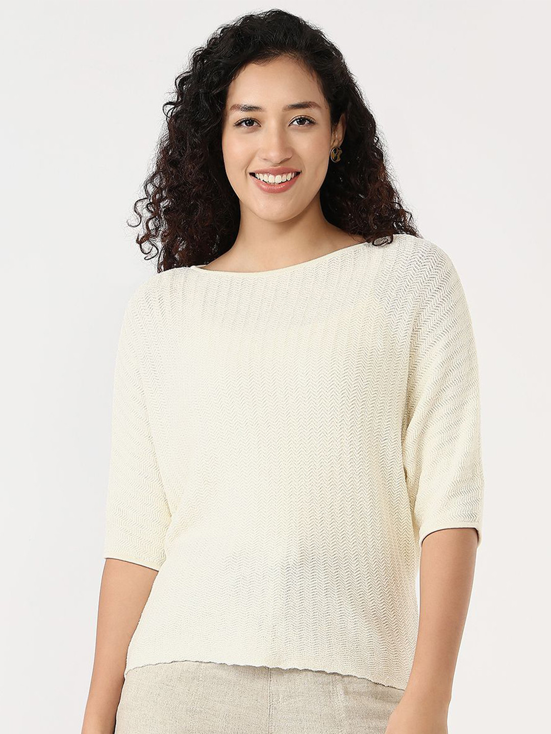 Kraus Jeans Women Boat Neck Self Design Sheer Top