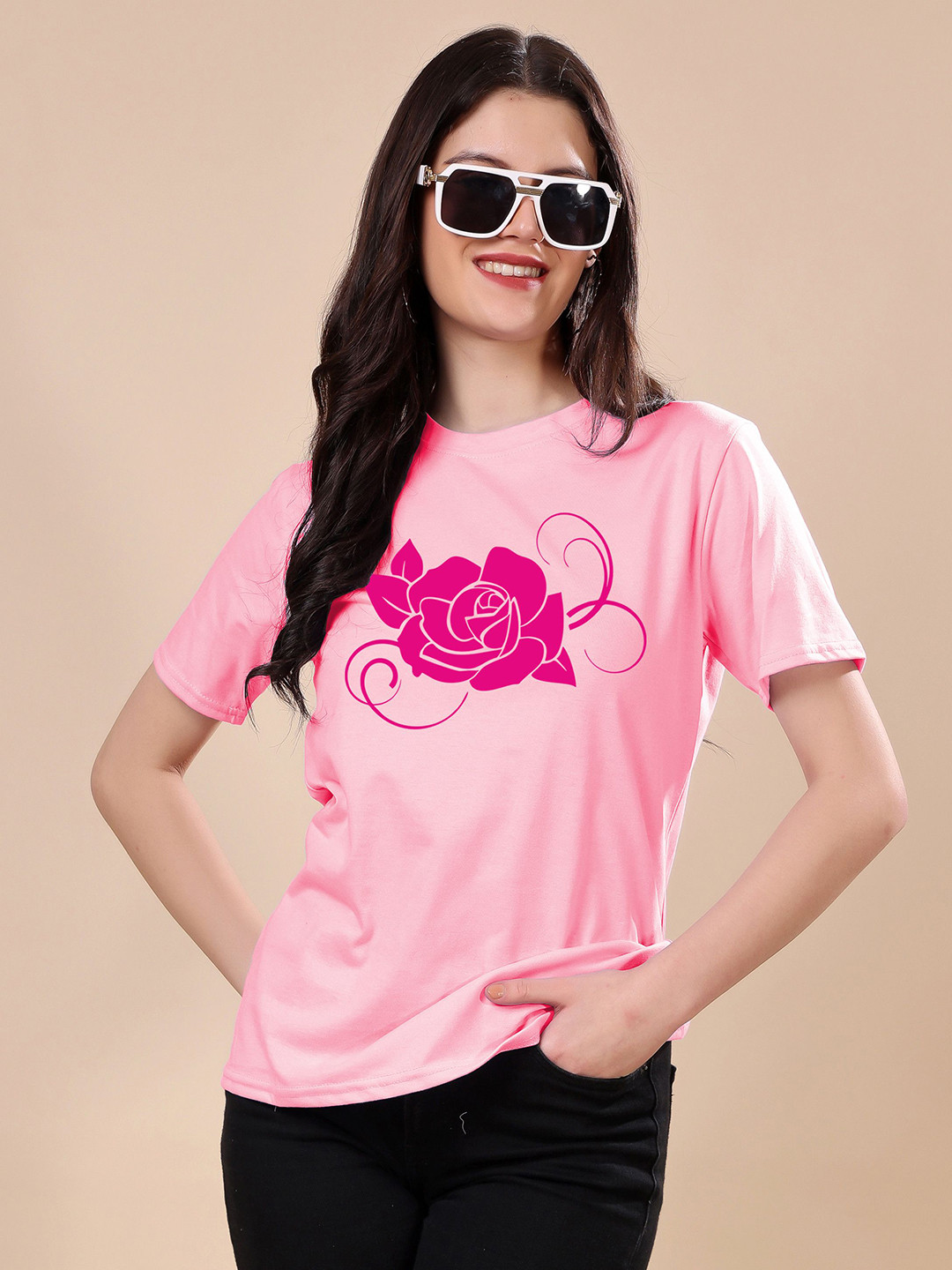 TQH Floral Printed Round Neck Short Sleeves Cotton Regular Fit Casual T-Shirt