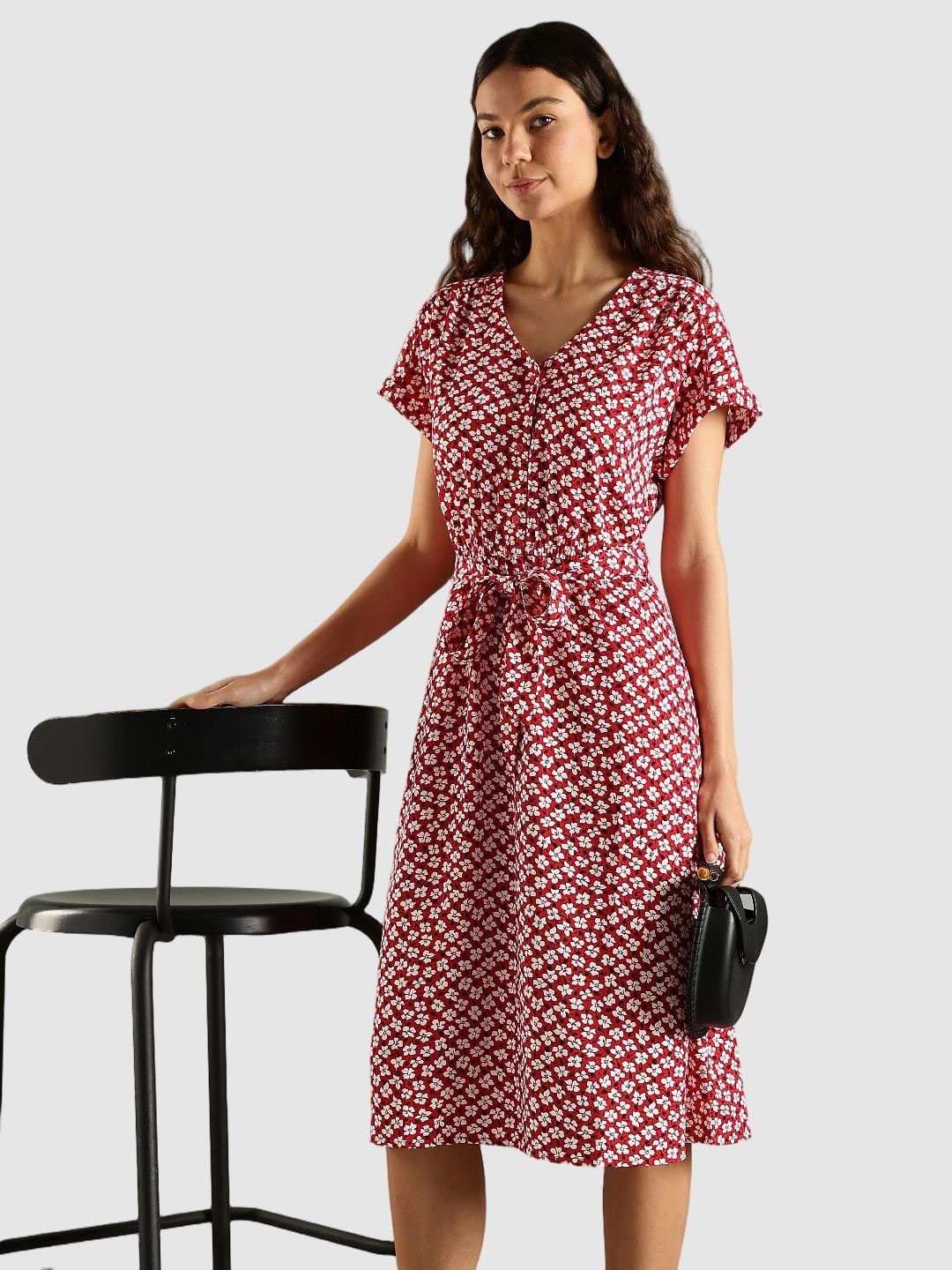 Tommy Hilfiger U.S Women Floral Printed V-Neck Belted Fit & Flare Dress