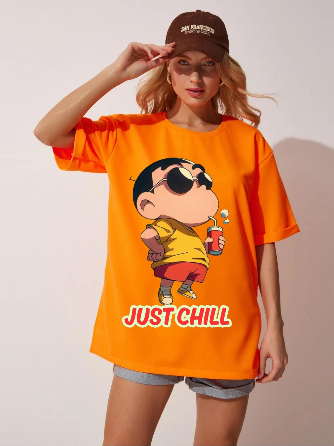 RAYACLOSET Graphic Printed Round Neck Drop Shoulder Cotton Oversized T-shirt