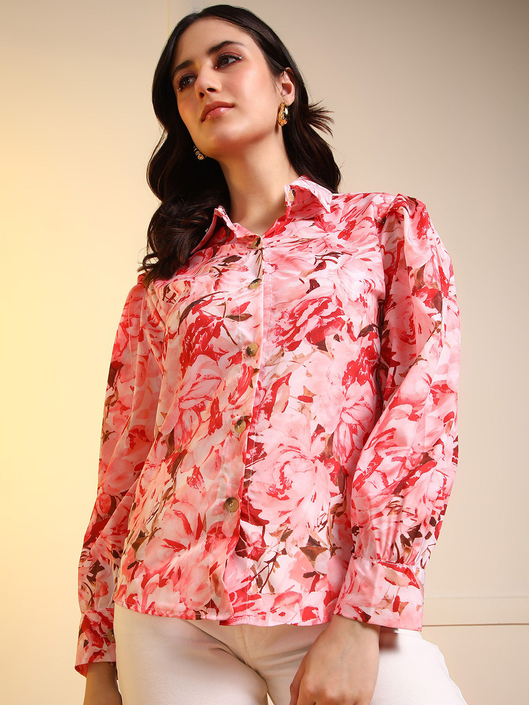 ANN SPRINGS Floral Printed Spread Collar Crepe Long Sleeves Regular Fit Casual Shirt