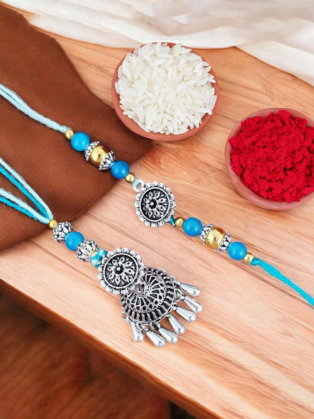 LUCKY JEWELLERY Silver-Plated Artificial Beaded Oxidised Bhaiya Bhabhi Rakhis