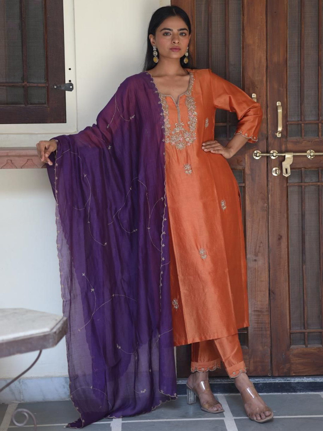 TATWA DESIGNS Rust orange peonies and parrot kurta set