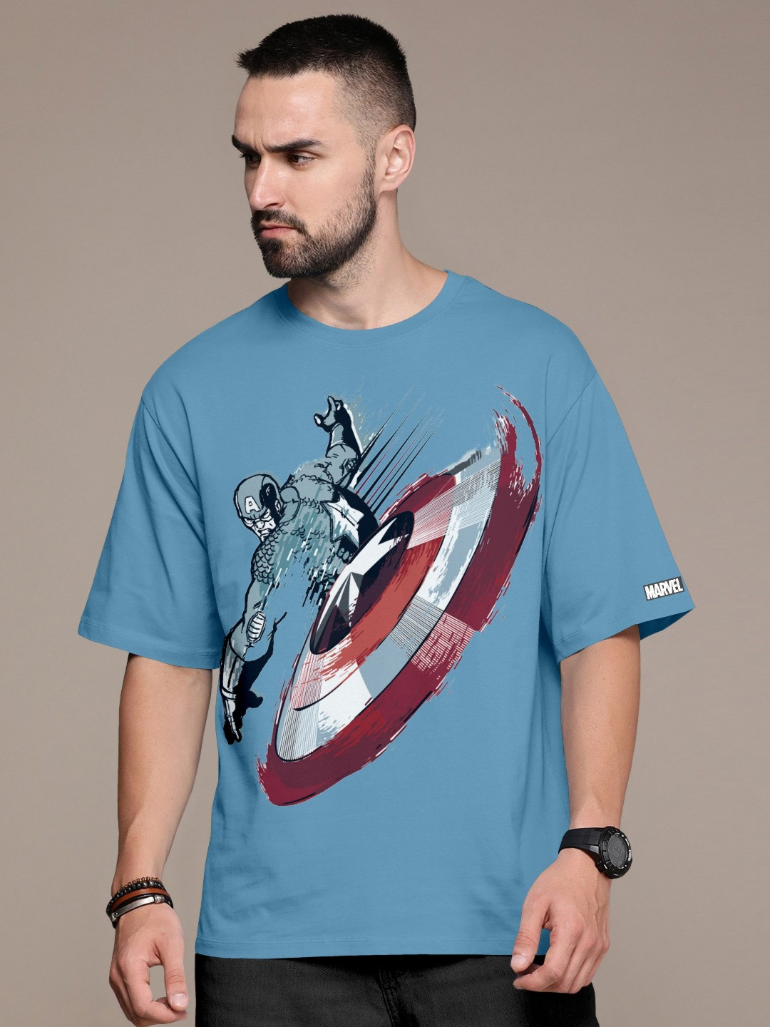 Metronaut Captain America Printed Round Neck Drop Shoulder Pure Cotton Oversized T-shirt