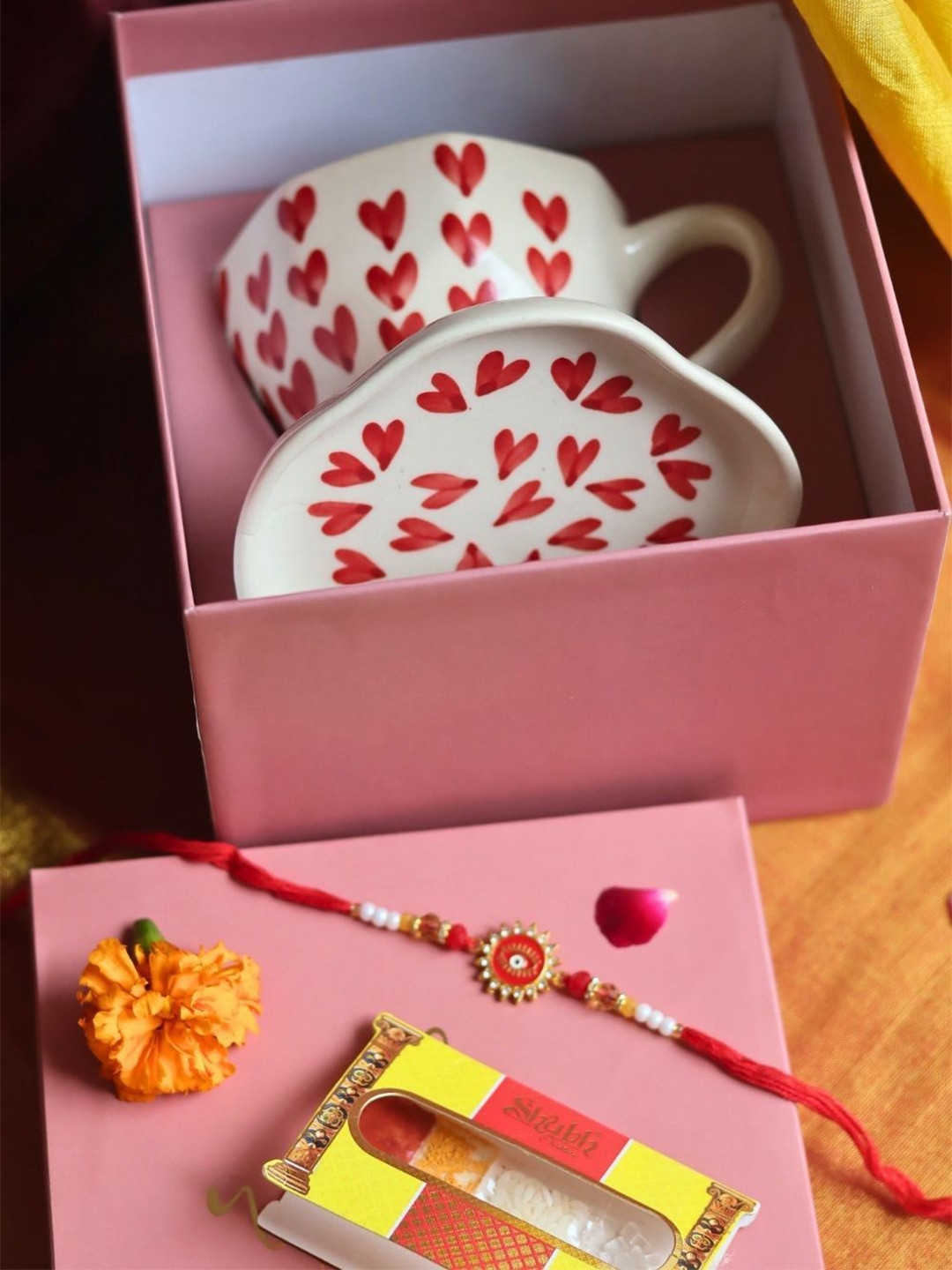 WEAVING HOMES Rakhi With Mug Plate & Roli Chawal Gift Set