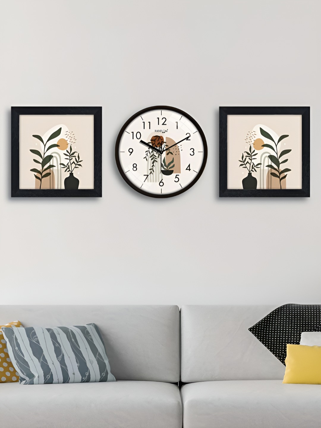 RANDOM 3 Pieces Off White & Green Abstract Printed Contemporary Wall Clock & Wall Arts