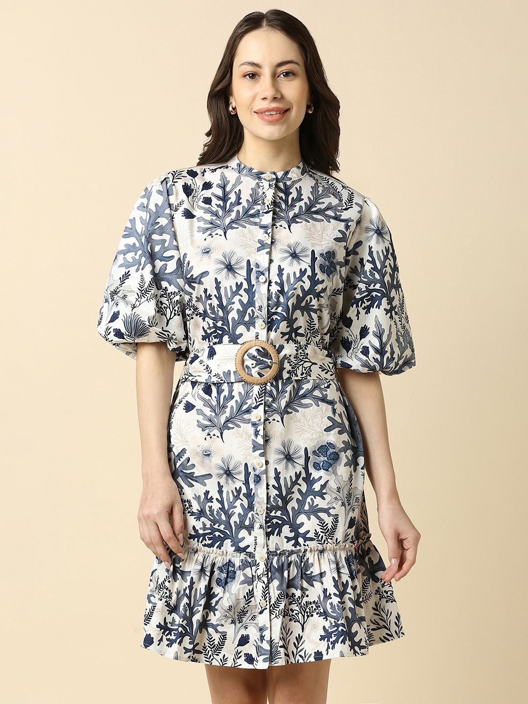 Allen Solly Woman Abstract Printed Fit and Flare Knee Length Dress Comes with a belt